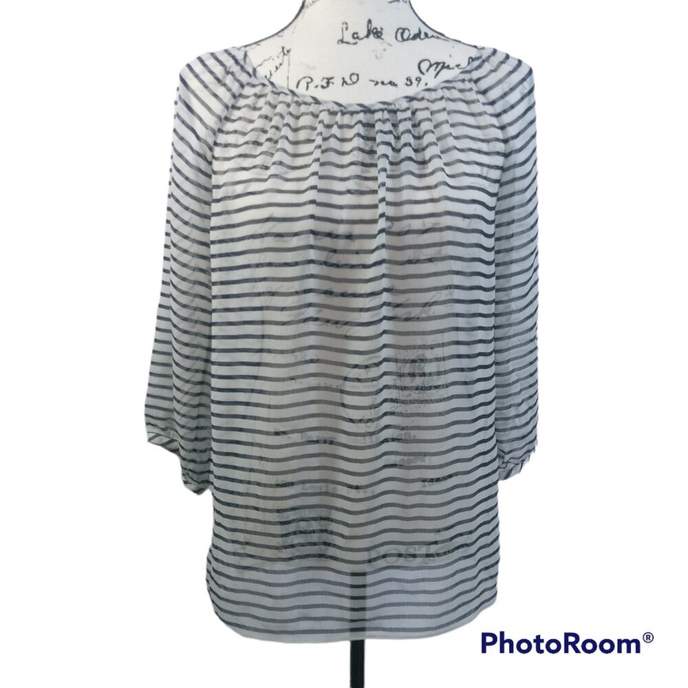 Chico's Blue White Stripe Sheer Coastal Nautical Blouse Size S